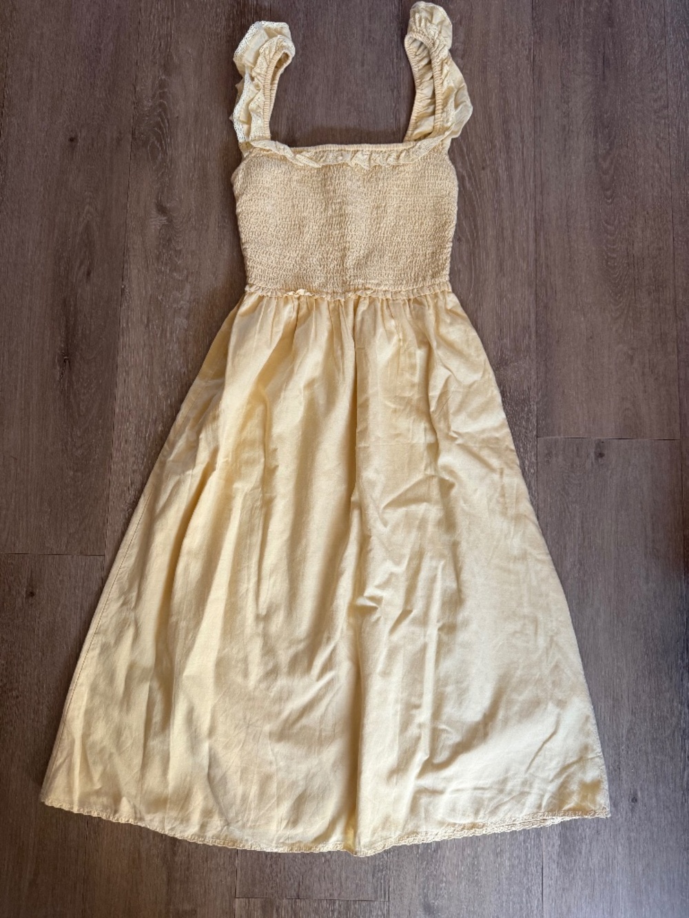 Aritzia Butter Yellow Smocked Midi Dress w/ Lace Trim